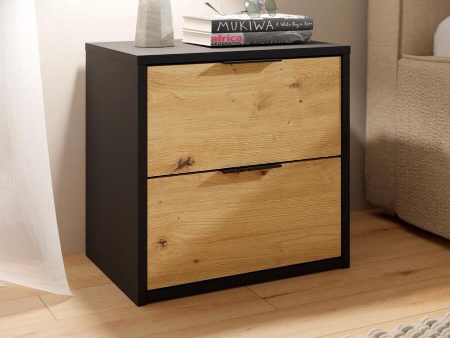 Vente-unique Set van 2 nachtkastjes met 2 lades Zwart en naturel TUNALO L 44.2 cm x H 45.8 cm x D 35 cm