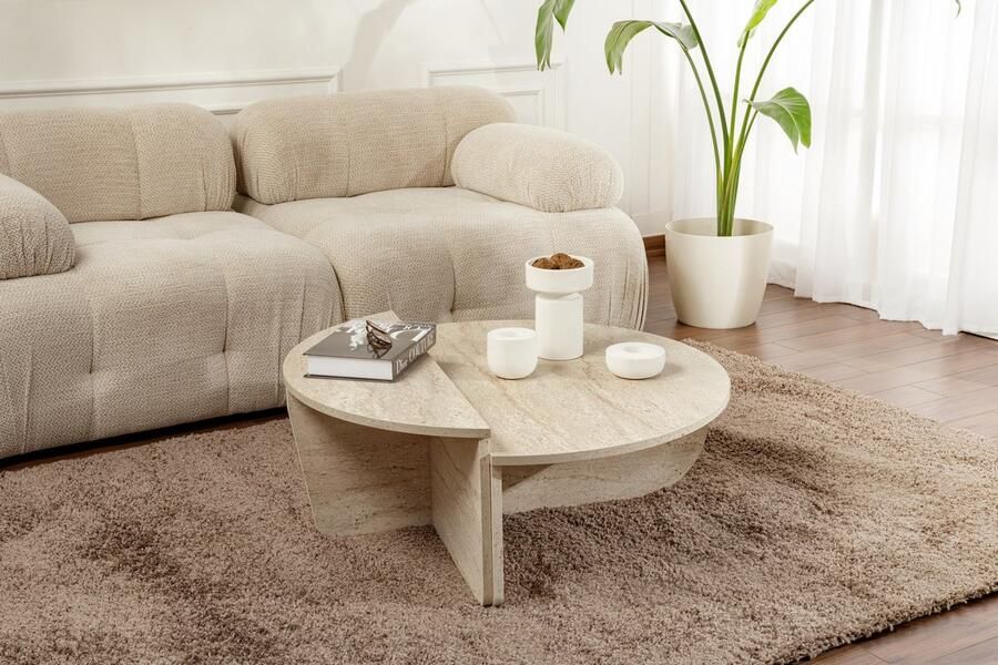 Vente-unique Set van 2 salontafels Beige travertijneffect ALOEVA L 90 cm x H 30 cm x D 90 cm - Foto 2
