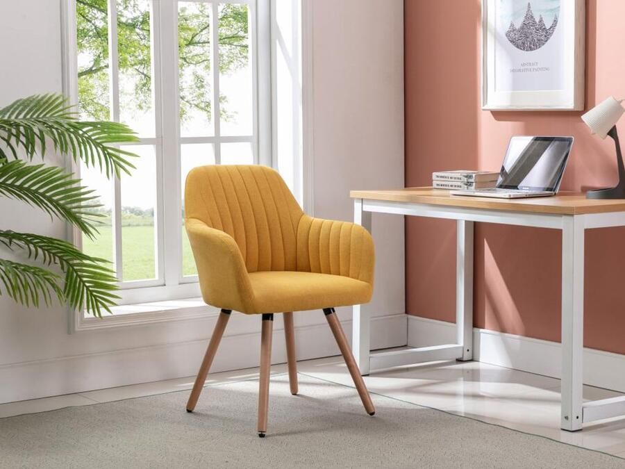 Vente-unique Set van 2 stoelen met armleuningen Stof en metaal met houteffect Geel ELEANA L 56 cm x H 85 cm x D 58 cm