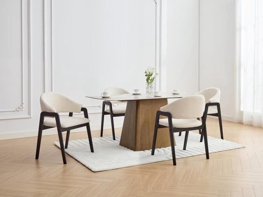 Vente-unique Set van 6 stoelen met armleuningen van boucléstof en heveahout Wit en zwart SOLUNA L 56 cm x H 82 cm x D 53.5 cm - Foto 2