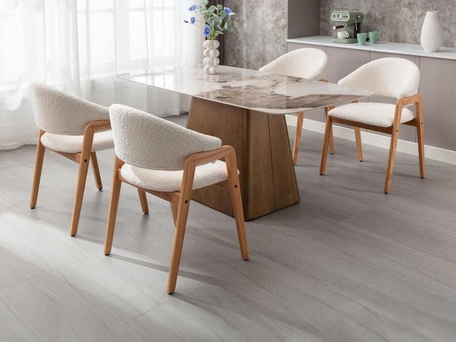 Vente-unique Set van 6 stoelen met armleuningen van boucléstof en heveahout Wit SOLUNA L 56 cm x H 82 cm x D 53.5 cm