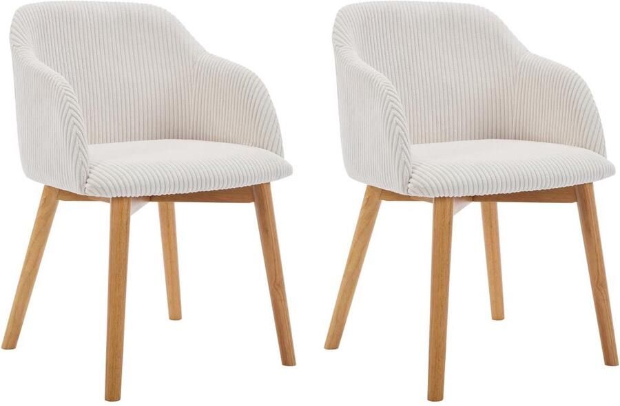 Vente-unique Set van 2 stoelen met armleuningen van ribfluweel en heveahout Crèmewit JELISA L 54 cm x H 79 cm x D 56 cm