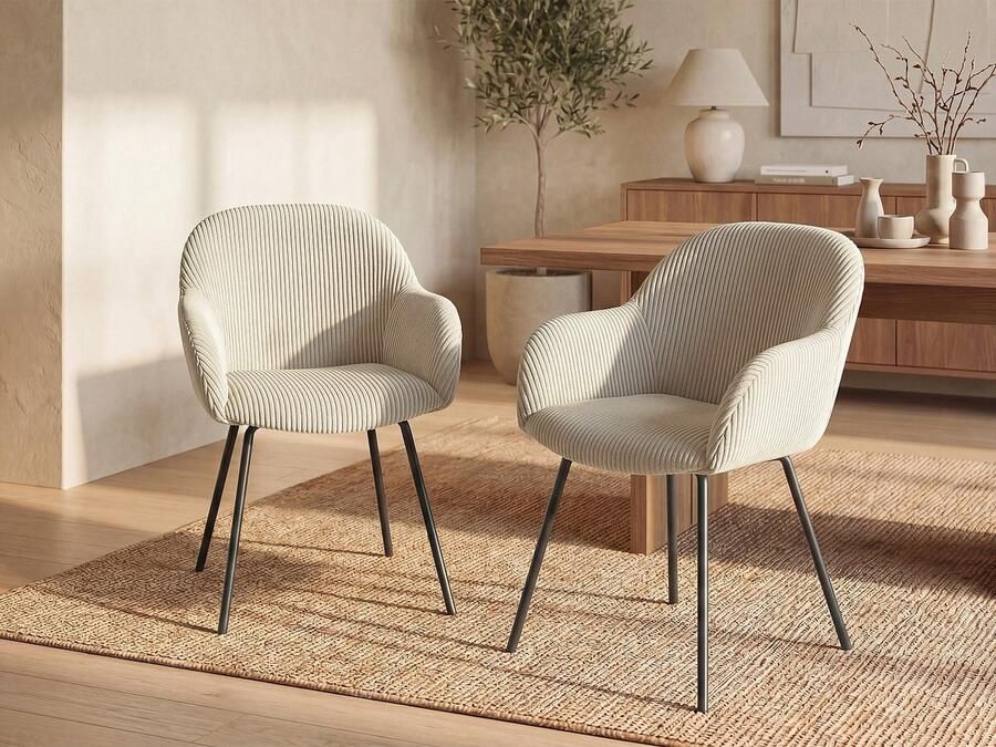 Vente-unique Set van 2 stoelen met armleuningen van ribfluweel en zwart metaal Beige MARENZIA L 58 cm x H 82.5 cm x D 62 cm - Foto 4