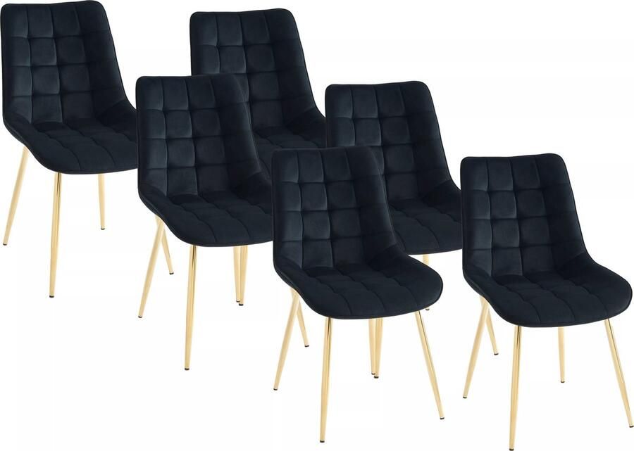 Vente-unique Set van 6 gewatteerde stoelen van velours en goudkleurig metaal Zwart OLLUA L 49.5 cm x H 87 cm x D 60 cm