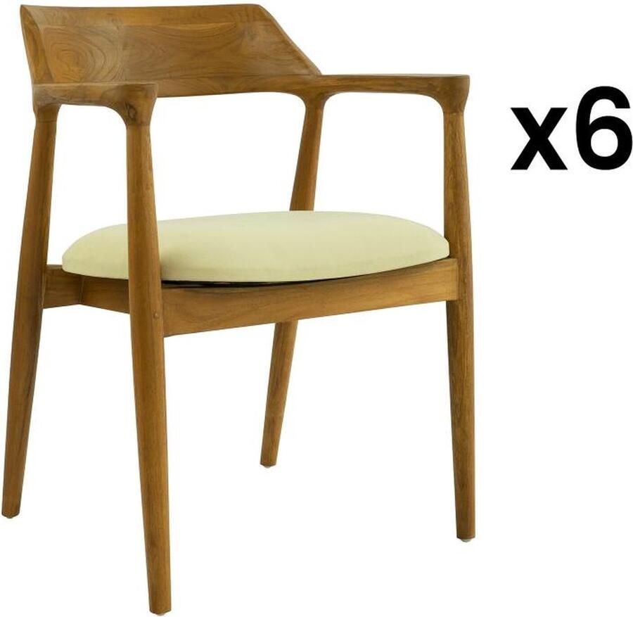 Vente-unique Set van 6 stoelen met armleuningen in teak en stof Houtlook en crème SOUADY L 58 cm x H 76 cm x D 58 cm - Foto 2