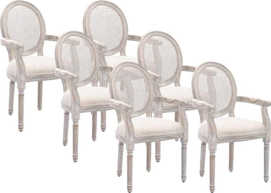 Vente-unique Set van 6 stoelen met armleuningen Riet stof en heveahout Beige ANTOINETTE L 54.4 cm x H 95.5 cm x D 57 cm
