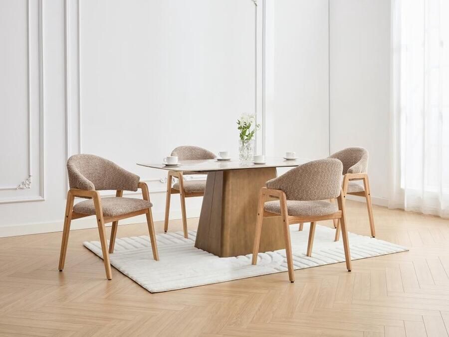 Vente-unique Set van 6 stoelen met armleuningen van boucléstof en heveahout Taupegrijs en naturel SOLUNA L 56 cm x H 82 cm x D 53.5 cm - Foto 2