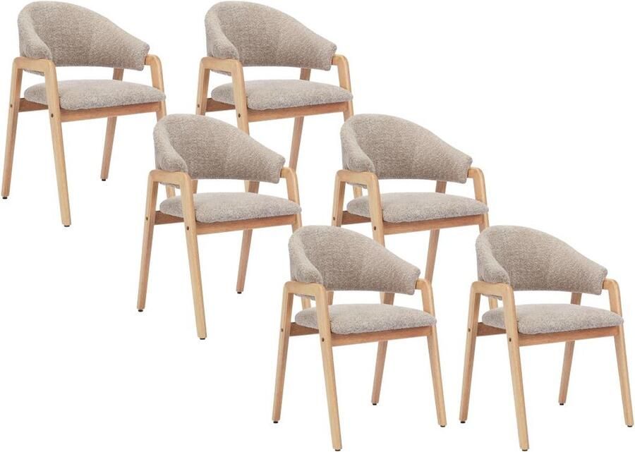 Vente-unique Set van 6 stoelen met armleuningen van boucléstof en heveahout Taupegrijs en naturel SOLUNA L 56 cm x H 82 cm x D 53.5 cm