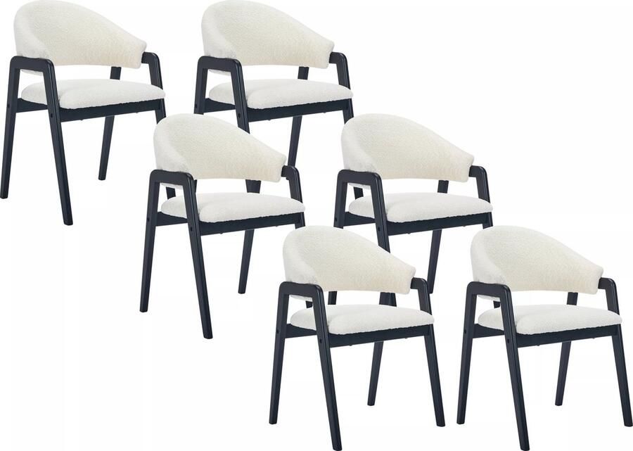Vente-unique Set van 6 stoelen met armleuningen van boucléstof en heveahout Wit en zwart SOLUNA L 56 cm x H 82 cm x D 53.5 cm