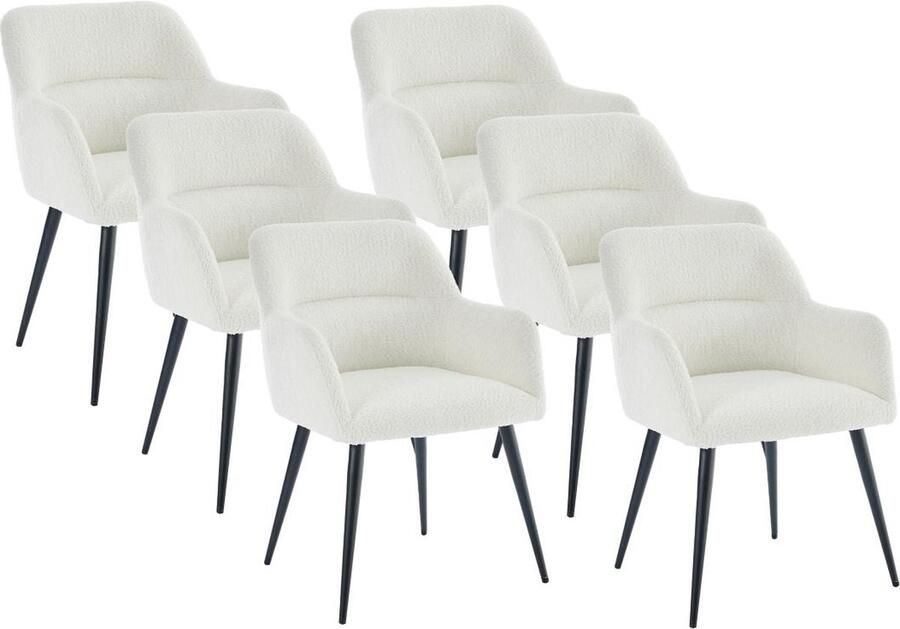 Vente-unique Set van 6 stoelen met armleuningen van boucléstof en zwart metaal Wit HEKA L 59.5 cm x H 78 cm x D 61 cm