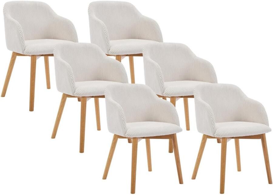 Vente-unique Set van 6 stoelen met armleuningen van ribfluweel en heveahout Crèmewit JELISA L 54 cm x H 79 cm x D 56 cm
