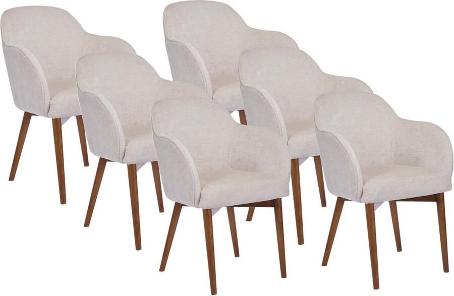 Vente-unique Set van 6 stoelen met armleuningen van stof met textuur en heveahout Crèmewit MODINIA L 58 cm x H 84 cm x D 60 cm