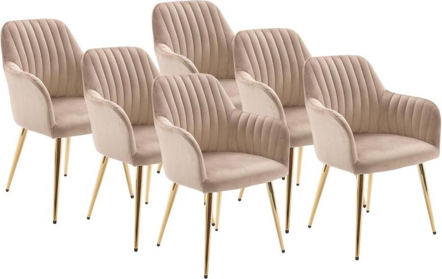 Vente-unique Set van 6 stoelen met armleuningen van velours en goudkleurig metaal Beige ELEANA L 58 cm x H 82 cm x D 59 cm