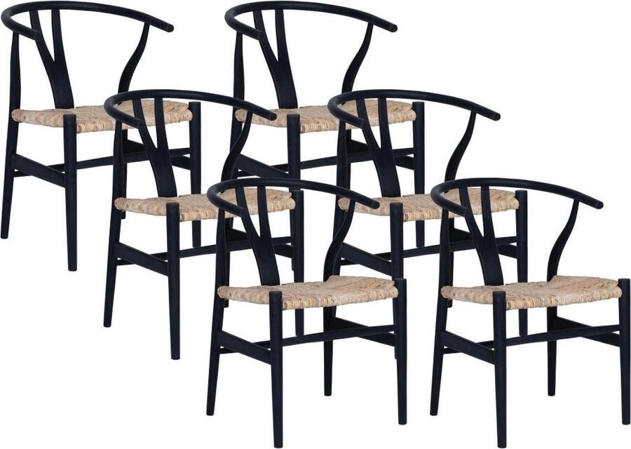 Vente-unique Set van 6 stoelen van teak en riet Zwart en houtlook POGIANA L 53 cm x H 77 cm x D 63 cm