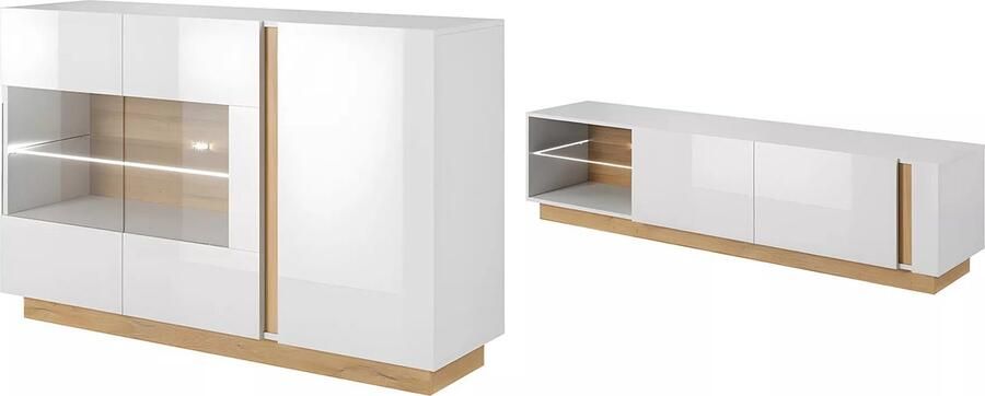 Vente-unique Set wit glanzend en naturelkleurige buffetkast en tv-meubel Heldere woonkamer MURARI L 187.5 cm x H 90.5 cm x D 40 cm
