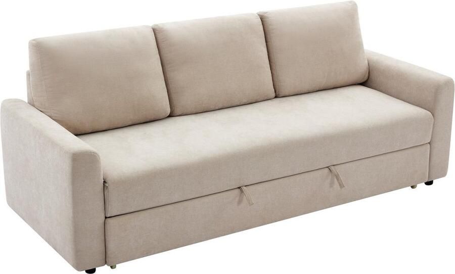 Vente-unique Slaapbank 3 plaatsen in beige stof met een zitting van traagschuim ARCATA L 225 cm x H 93 cm x D 93 cm