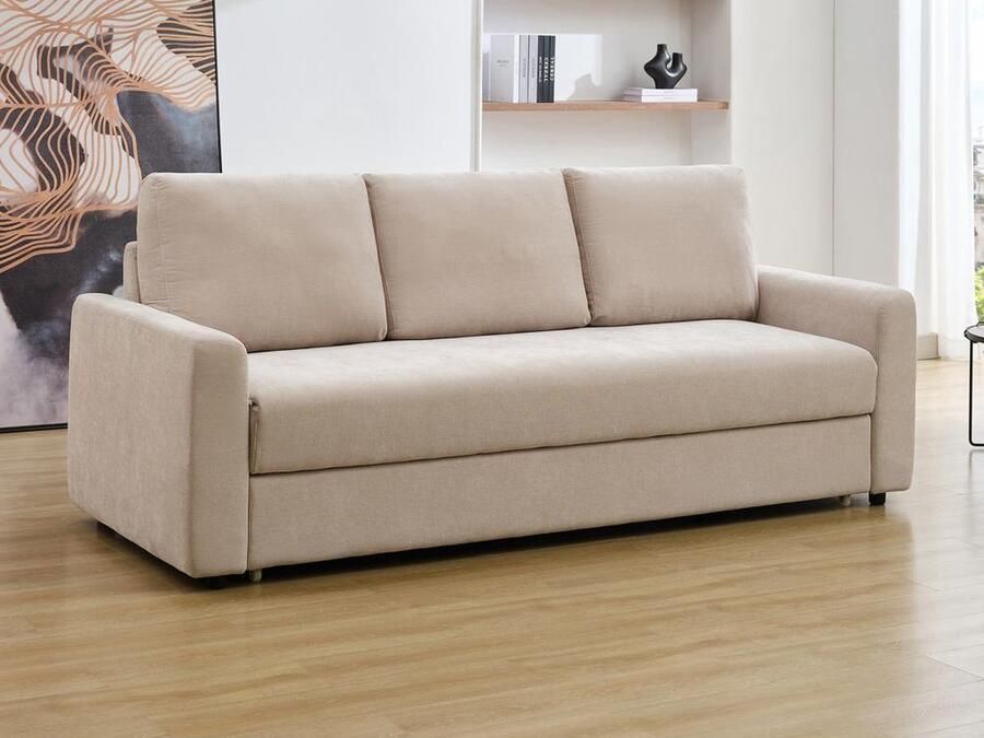 Vente-unique Slaapbank 3 plaatsen in beige stof met een zitting van traagschuim ARCATA L 225 cm x H 93 cm x D 93 cm - Foto 3
