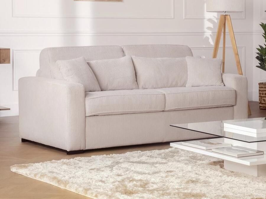Vente-unique Express-vierzitsslaapbank van beige ribfluweel Bed met brede latten 160 cm Matras 18 cm MONDOVI L 214 cm x H 90 cm x D 208 cm