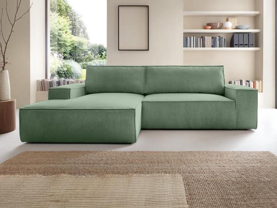 Vente-unique Slaapbank met hoek links van amandelgroen ribfluweel AMELIA L 267 cm x H 85 cm x D 167 cm