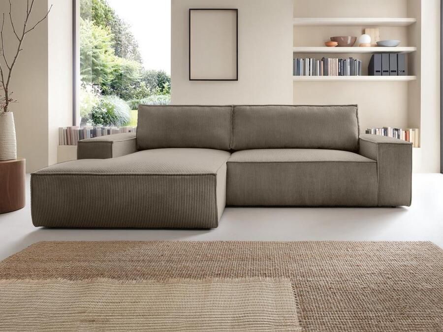 Vente-unique Slaapbank met hoek links van taupegrijs ribfluweel AMELIA L 267 cm x H 85 cm x D 167 cm - Foto 3