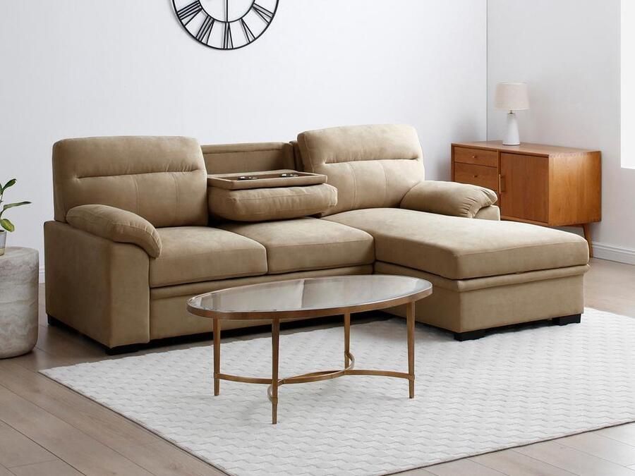 Vente-unique Slaapbank met hoek rechts van beige stof ULENIO L 235 cm x H 94 cm x D 160 cm - Foto 2