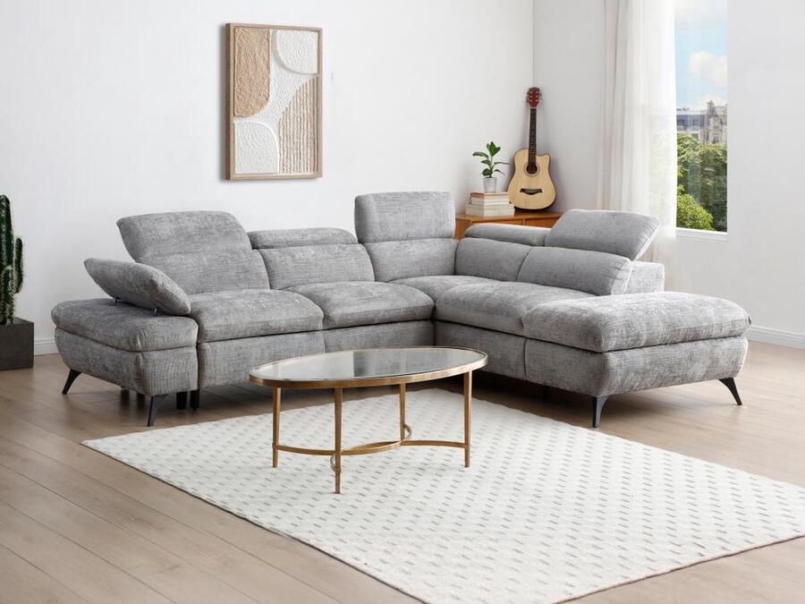 Vente-unique Slaapbank met hoek rechts van grijze stof met textuur SURDELI L 280 cm x H 79 cm x D 233 cm - Foto 3