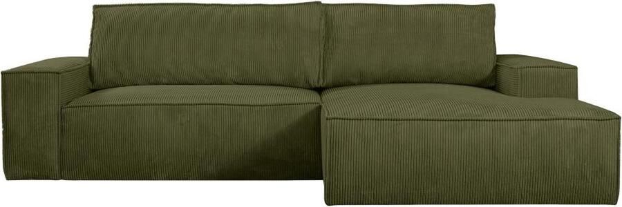 Vente-unique Slaapbank met hoek rechts van olijfgroen ribfluweel AMELIA
