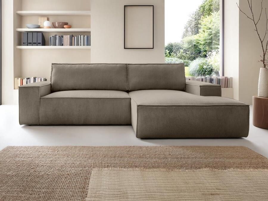 Vente-unique Slaapbank met hoek rechts van taupegrijs ribfluweel AMELIA L 267 cm x H 85 cm x D 167 cm - Foto 3