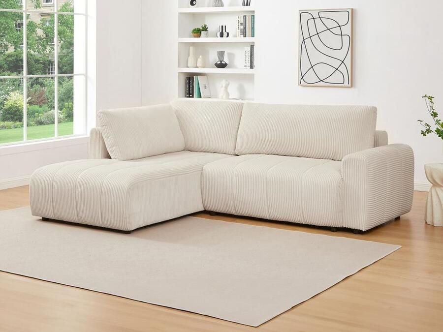Vente-unique Slaapbank met linkse hoek in beige ribfluweel RICIA L 259 cm x H 96 cm x D 195 cm