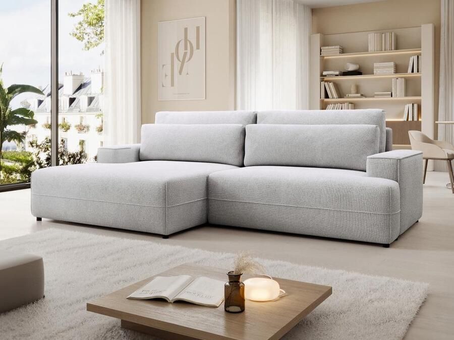 Vente-unique Slaapbank met linkse hoek in grijze textuurstof BREGLIO L 274 cm x H 100 cm x D 153 cm - Foto 3