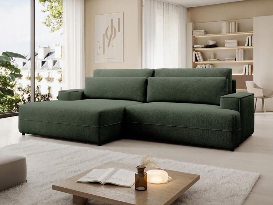 Vente-unique Slaapbank met linkse hoek in groene textuurstof BREGLIO L 274 cm x H 100 cm x D 153 cm - Foto 2