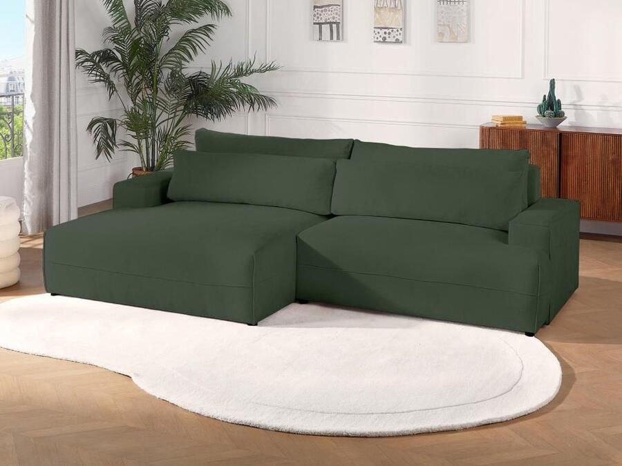 Vente-unique Slaapbank met linkse hoek in groene textuurstof BREGLIO L 274 cm x H 100 cm x D 153 cm