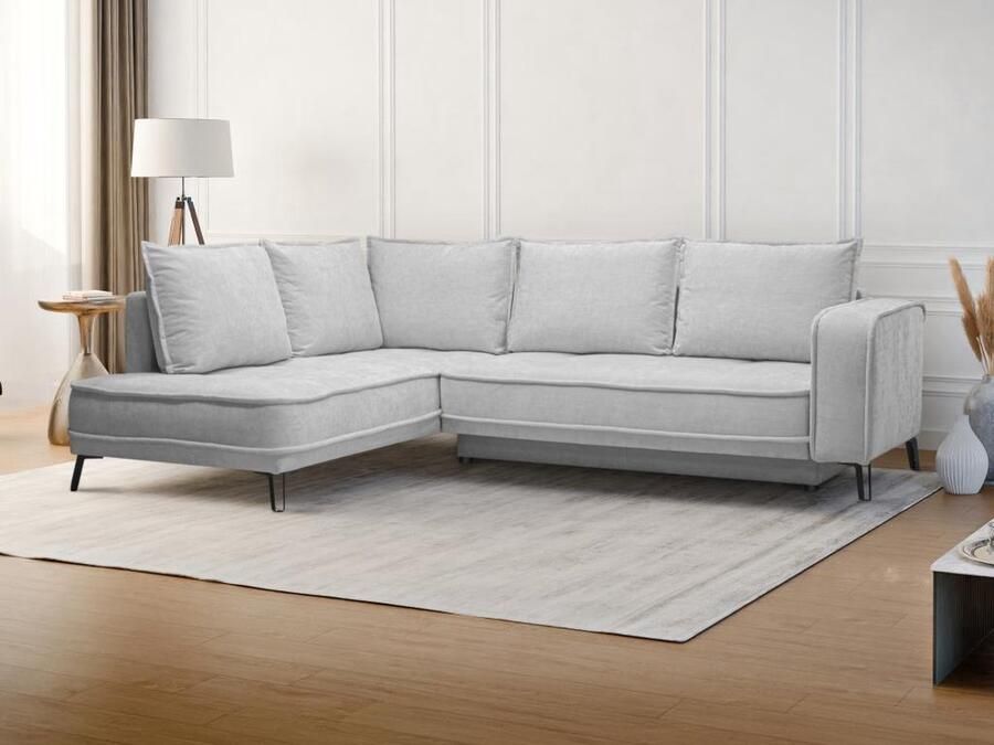 Vente-unique Slaapbank met linkse hoek in lichtgrijze stof BALCORIA van Maison Céphy L 269 cm x H 90 cm x D 215 cm - Foto 2