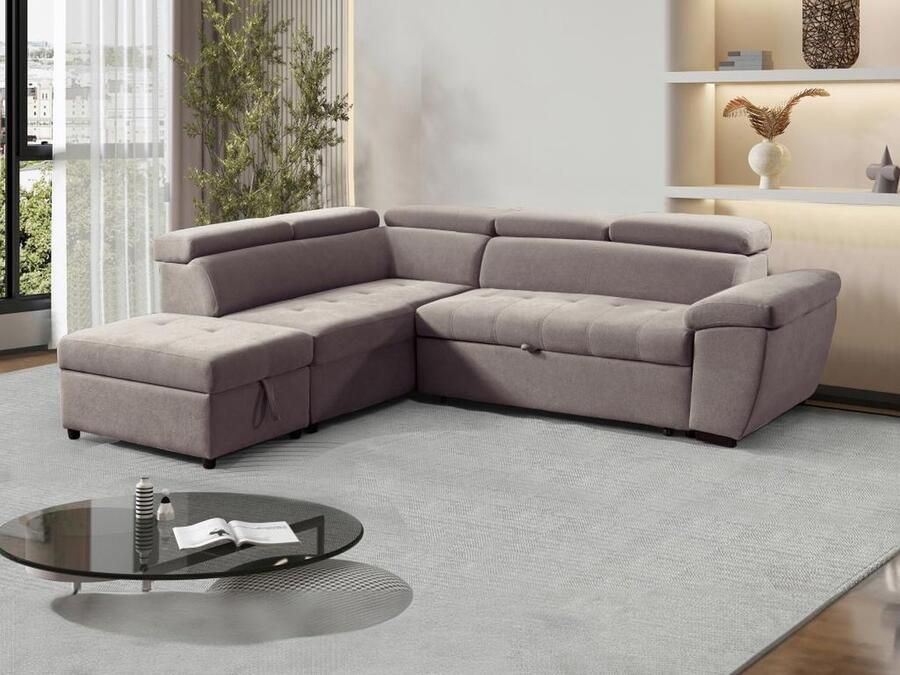 Vente-unique Slaapbank met linkse hoek in taupe stof met textuur VALDERAS L 250 cm x H 79 cm x D 223 cm