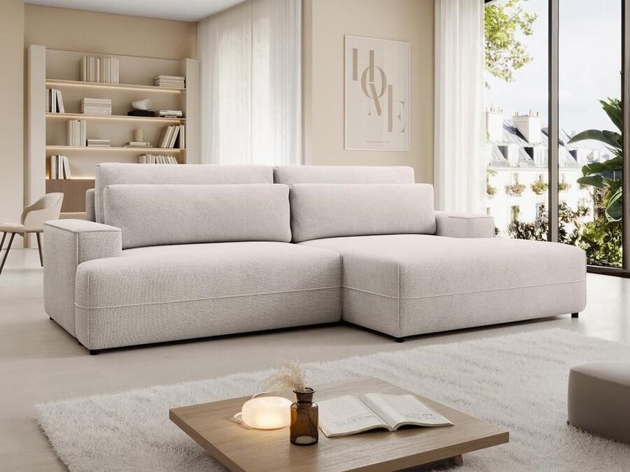 Vente-unique Slaapbank met rechtse hoek in beige stof met textuur BREGLIO L 274 cm x H 100 cm x D 153 cm - Foto 3