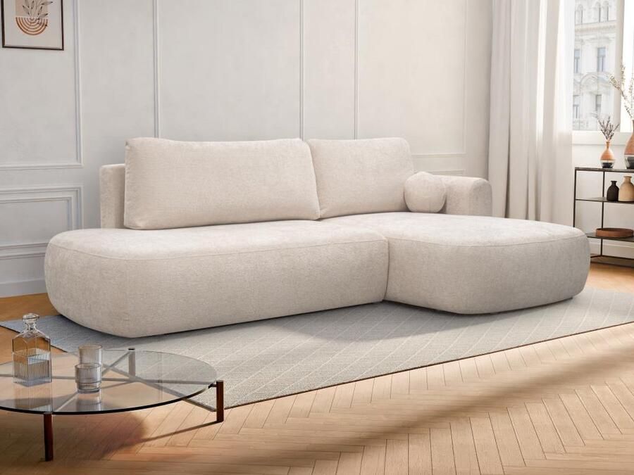 Vente-unique Slaapbank met rechtse hoek in beige stof met textuur BROCARO van Maison Céphy L 288 cm x H 91 cm x D 170 cm