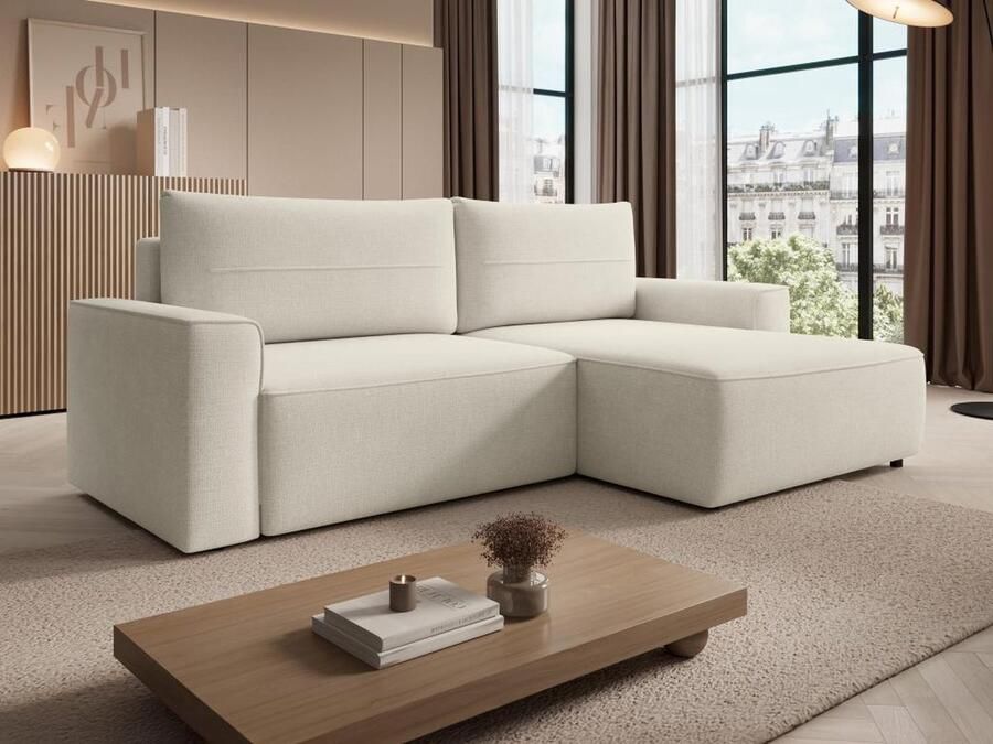 Vente-unique Slaapbank met rechtse hoek in beige stof met textuur VESATO L 230 cm x H 100 cm x D 140 cm - Foto 2