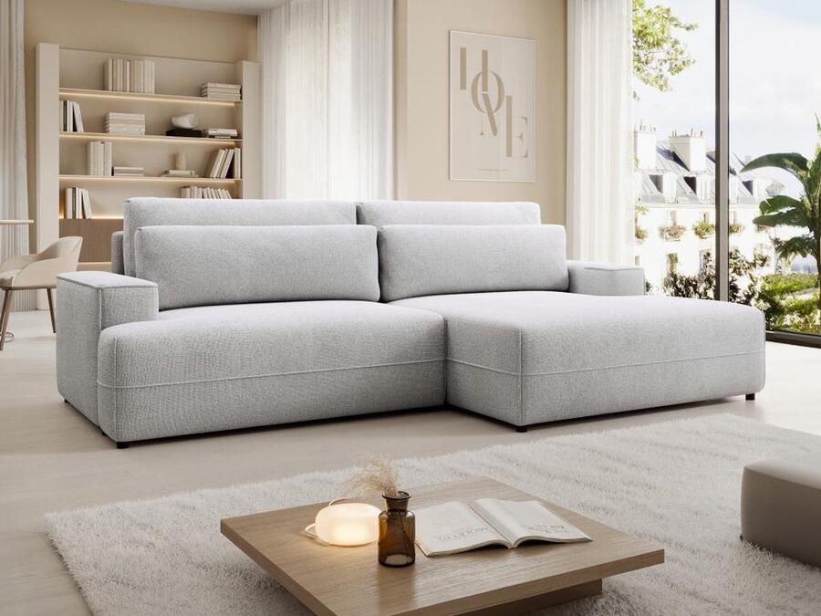 Vente-unique Slaapbank met rechtse hoek in grijze textuurstof BREGLIO L 274 cm x H 100 cm x D 153 cm - Foto 2