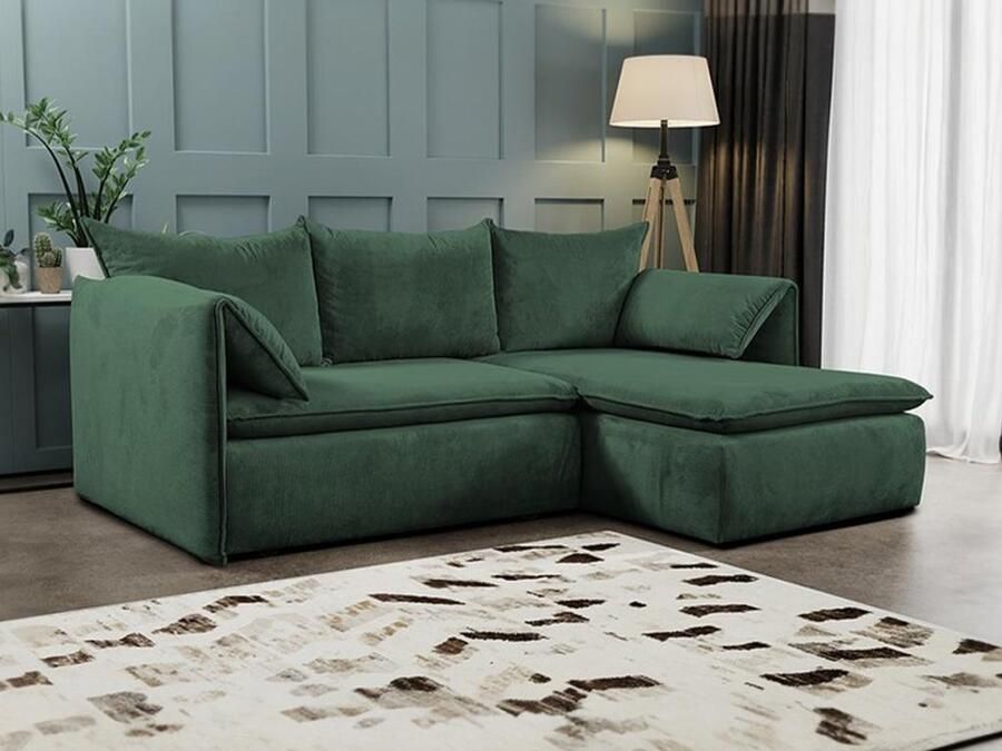 Vente-unique Slaapbank met rechtse hoek in groen ribfluweel – TEODORA L 230 cm x H 91 cm x D 166 cm