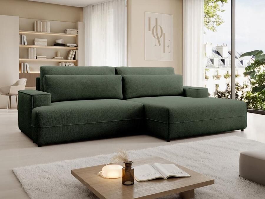 Vente-unique Slaapbank met rechtse hoek in groene textuurstof BREGLIO L 274 cm x H 100 cm x D 153 cm - Foto 2