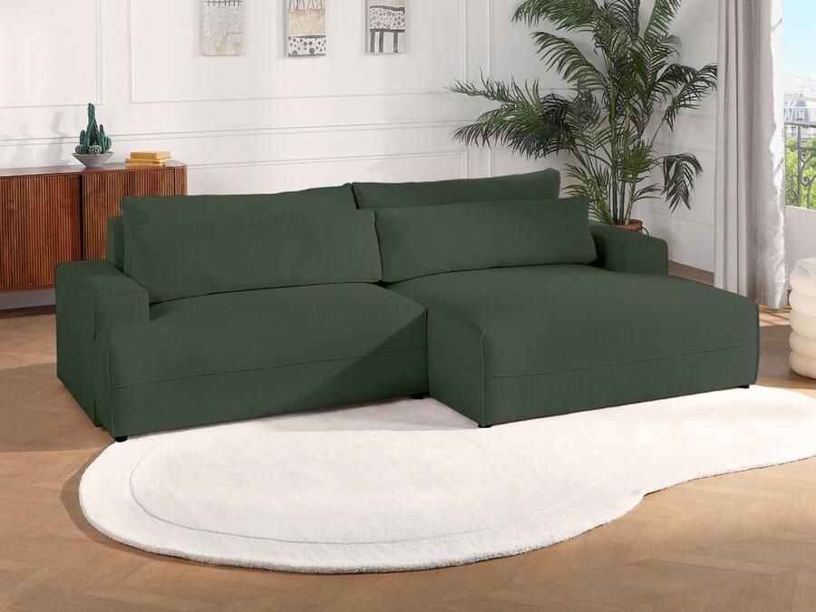 Vente-unique Slaapbank met rechtse hoek in groene textuurstof BREGLIO L 274 cm x H 100 cm x D 153 cm