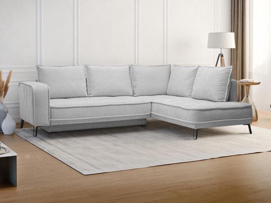 Vente-unique Slaapbank met rechtse hoek in lichtgrijze stof BALCORIA van Maison Céphy L 269 cm x H 90 cm x D 215 cm - Foto 2