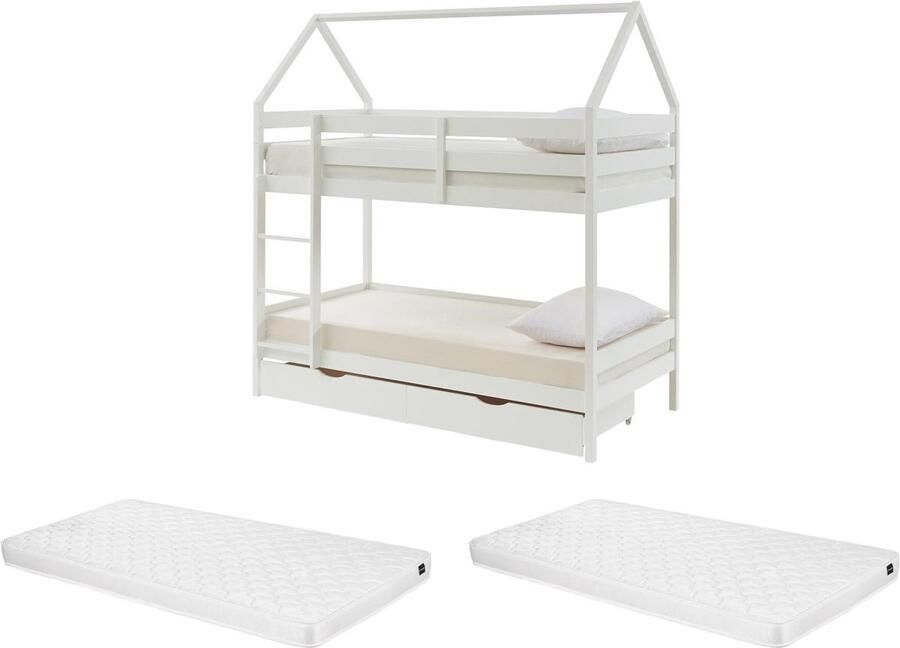 Vente-unique Stapelbed 2 x 90 x 190 cm 2 lades Grenen Wit + Matras CHORI L 196 cm x H 200 cm x D 96 cm - Foto 3