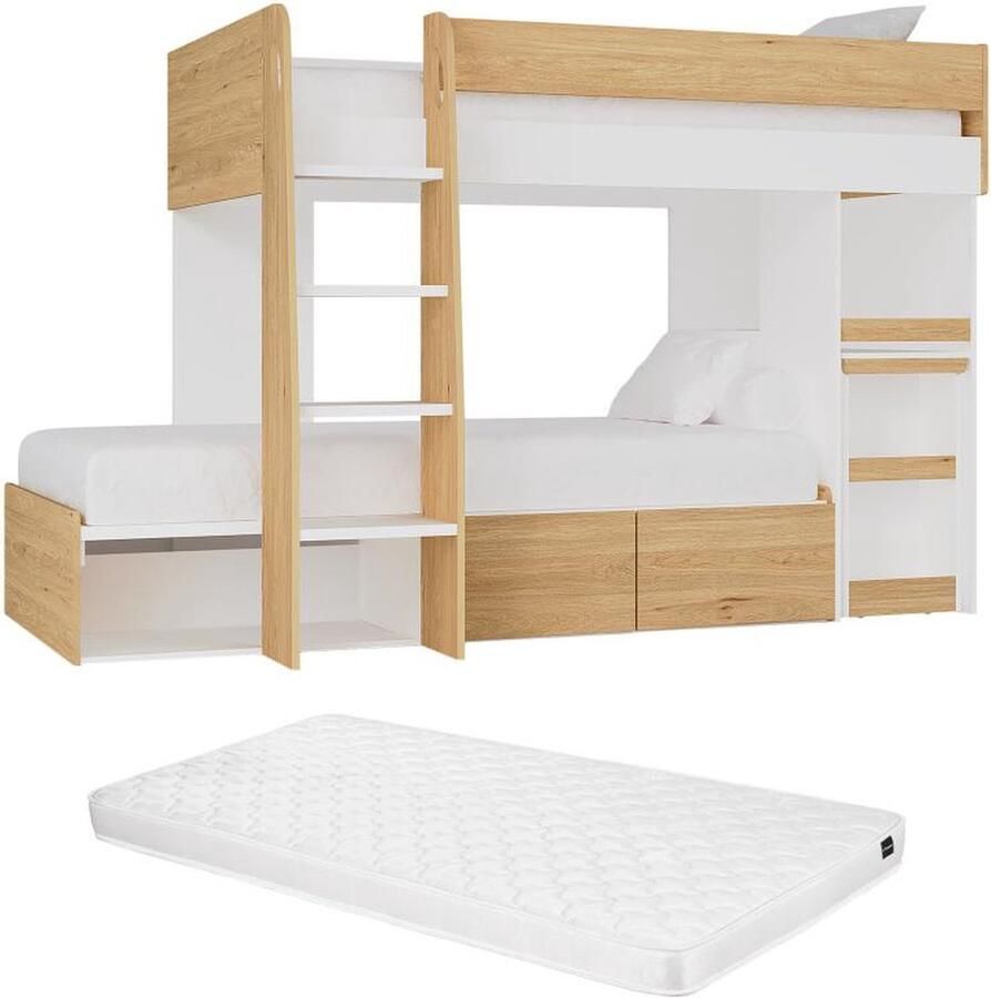 Vente-unique Stapelbed 2 x 90 x 190 cm met bureau en opbergruimte Kleuren: houtlook en wit + matras LOMIDEN L 196.3 cm x H 150 cm x D 184.3 cm