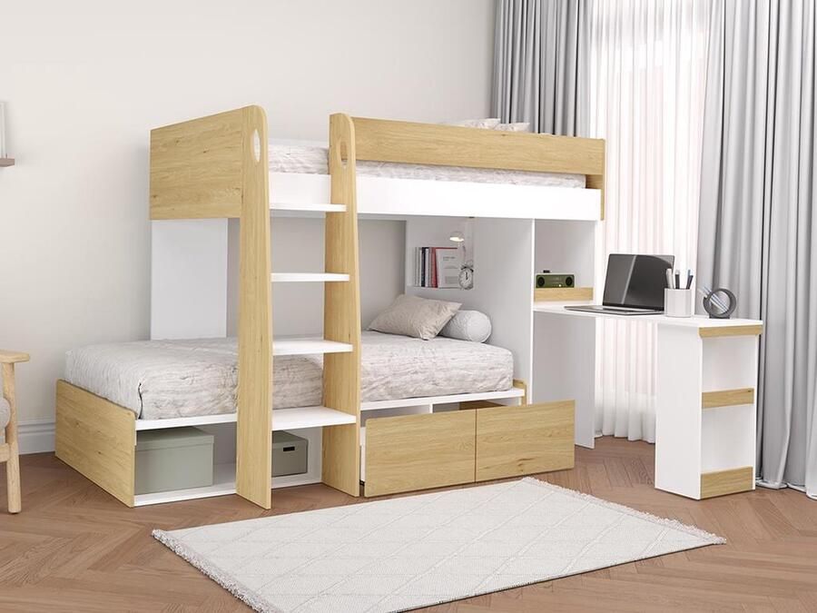 Vente-unique Stapelbed 2 x 90 x 190 cm met bureau en opbergruimte Kleuren: houtlook en wit LOMIDEN L 196.3 cm x H 150 cm x D 184.3 cm