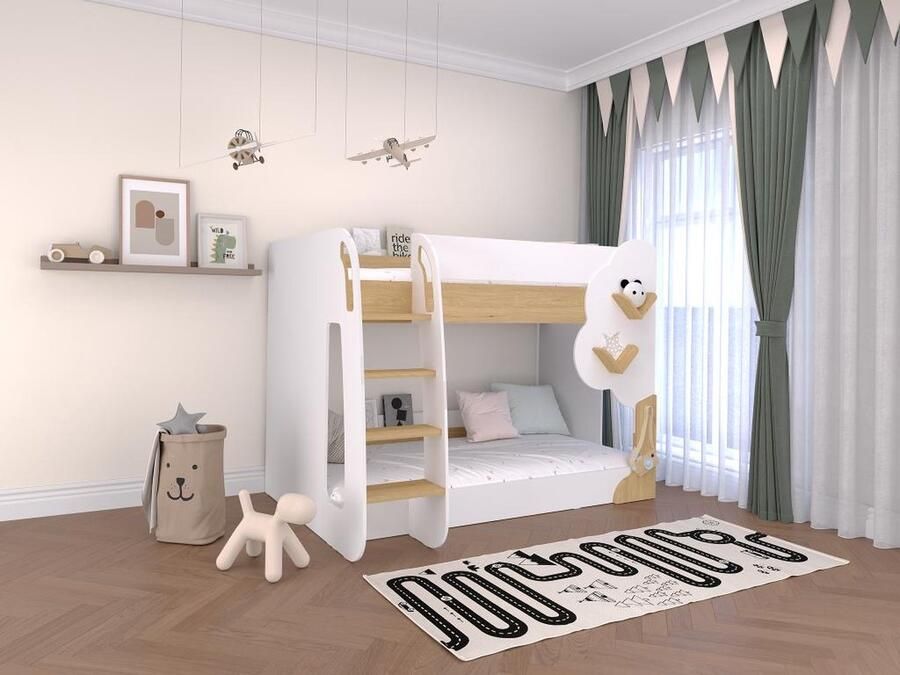 Vente-unique Stapelbed 2 x 90 x 190 cm Wit en houtlook + matras PILATI L 196 cm x H 143 cm x D 137.4 cm