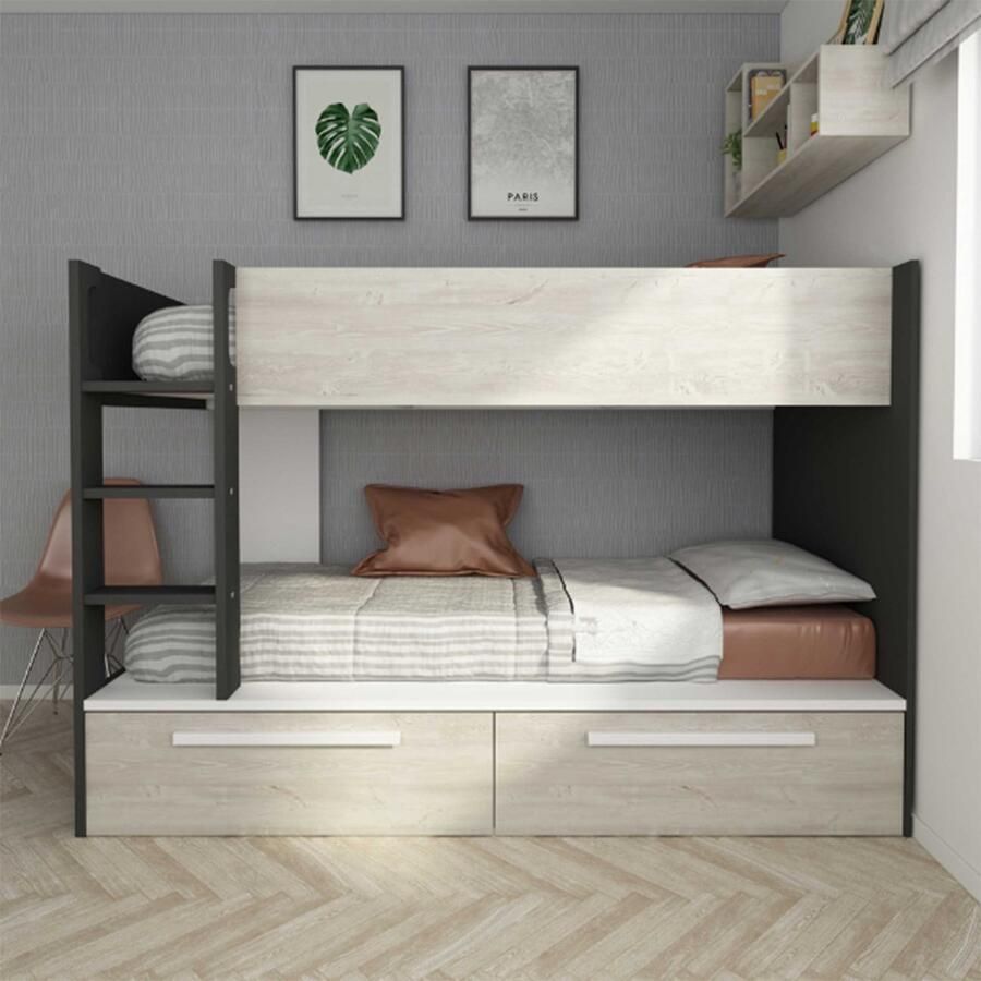 Vente-unique Stapelbed 2 x 90 x 200 cm 2 lades Antraciet houtlook en wit TINOLI L 205.6 cm x H 147 cm x D 108.5 cm