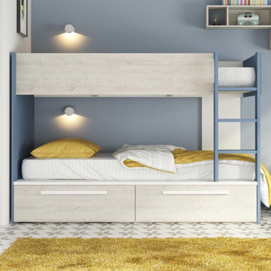Vente-unique Stapelbed 2 x 90 x 200 cm 2 lades Blauw houtlook en wit TINOLI L 205.6 cm x H 147 cm x D 108.5 cm - Foto 2