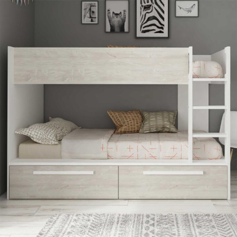 Trasman Vente-unique Stapelbed 2 x 90 x 200 cm 2 lades Wit en houtlook TINOLI L 205.6 cm x H 147 cm x D 108.5 cm - Foto 2