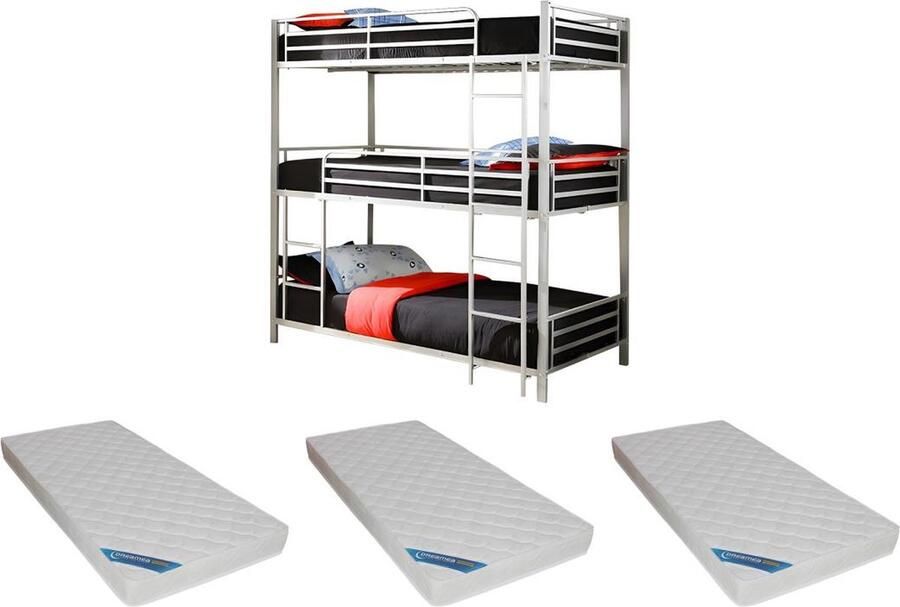 Vente-unique Stapelbed 3 x 90 x 190 cm Metaal Zilverkleur Met matras ELOUAN L 200 cm x H 205 cm x D 103 cm - Foto 2